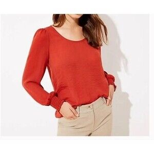 LOFT Smocked Cuff Puff Sleeve Crinkle Top Blouse Orange Career Office Modern MED